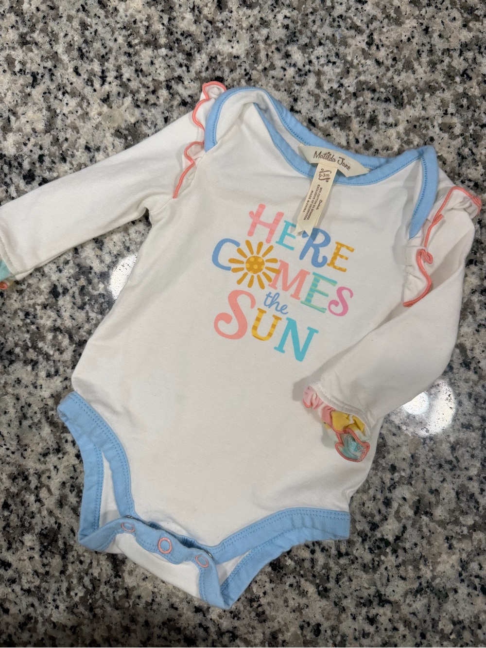 Matilda Jane White Bodysuit with Blue Trim and Pastel Sun Graphic